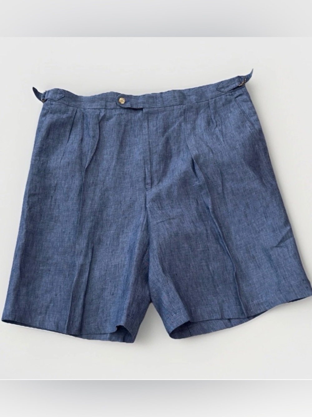 Peter Millar Blue Linen Shorts Size 38 Pleated Tailored 10” Inseam
